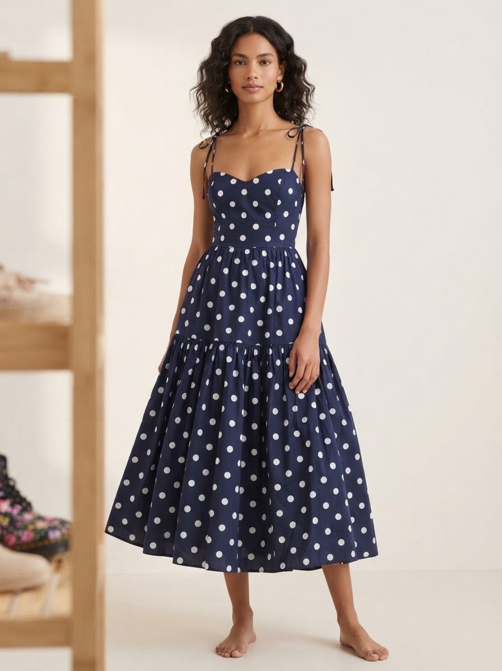 En Saison Navy Polka Dot Tie-Shoulder Midi Dress medium
